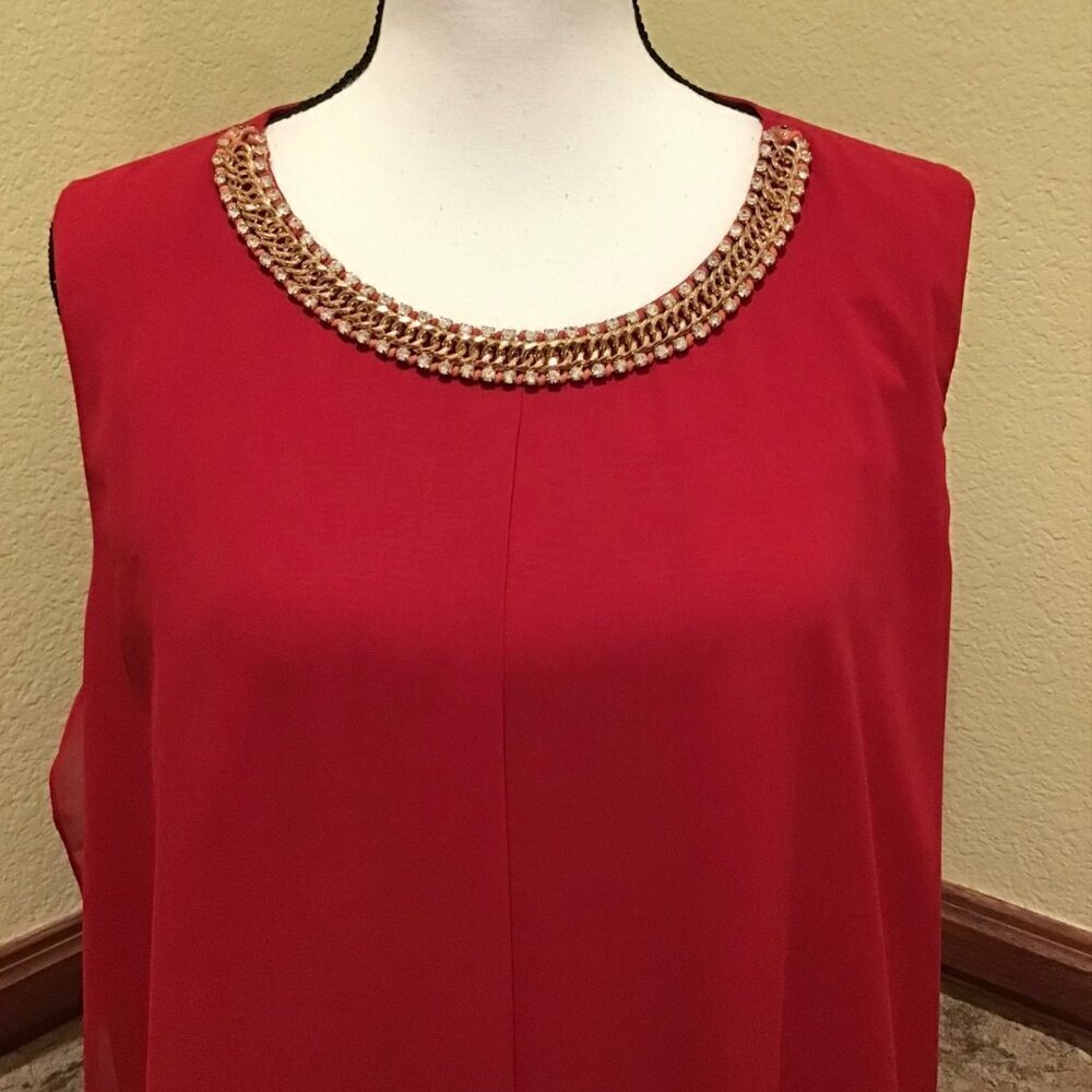 MSK 20W Dress Flowy Chiffon Sleeveless Midi Red Rhinestones Flattering Lined - Picture 5 of 16